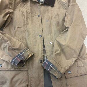 Barbour Tan Jacket with Plaid Accents